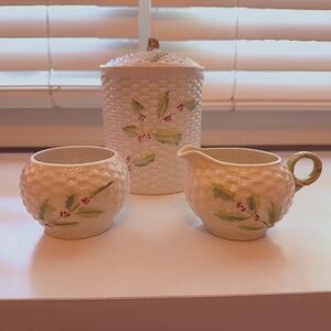 Belleek Pottery Enchanted Holly Biscuit Barrel & Lid, Creamer and Sugar Bowl